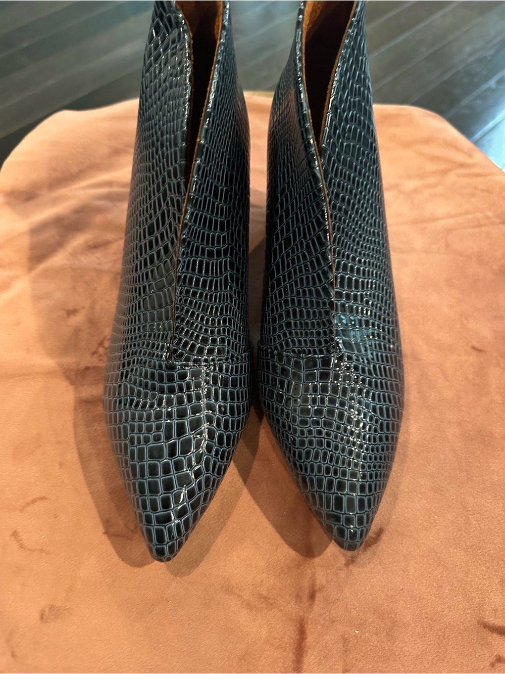 Pointed Toe Women's Ankle Boots in Black Croc-Embossed Leather